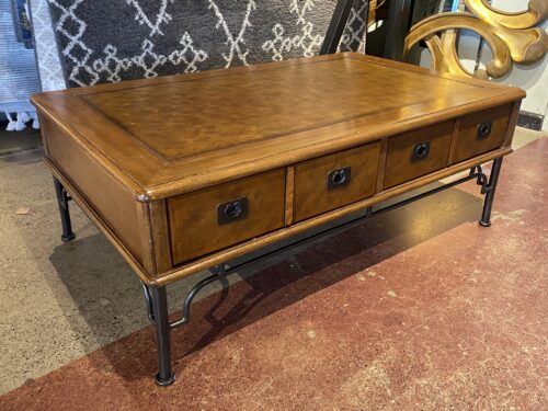 2-Drawer Leather-Top Coffee Table w/ Gold Trim
