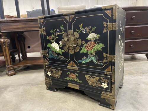 Black and Gold Chinoiserie Nightstand with Painted Floral Design and Brass Hardware