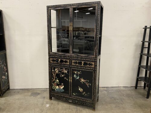 Black and Champagne Chinoiserie China Hutch with Glass Doors and Painted Details