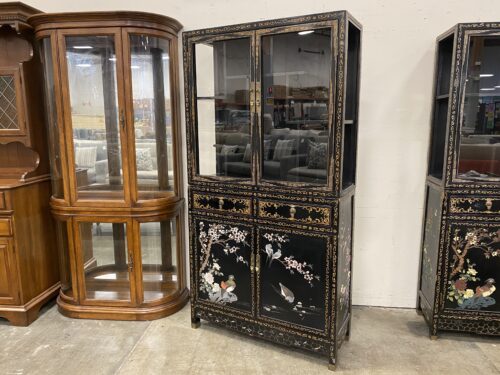 Black and Gold Chinoiserie China Hutch with Glass Doors and Painted Details
