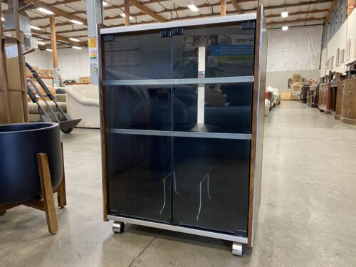Glass Door Media Cabinet with Adjustable Shelves and Wheels