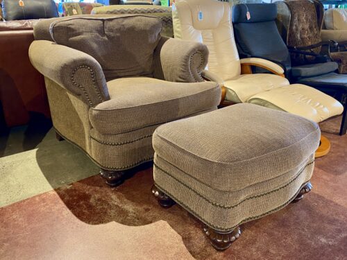 Shapely Brown Stud Trim Armchair & Ottoman