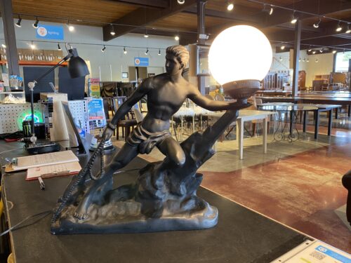 Art Deco Cast Sculptured Man with Rope Table Lamp