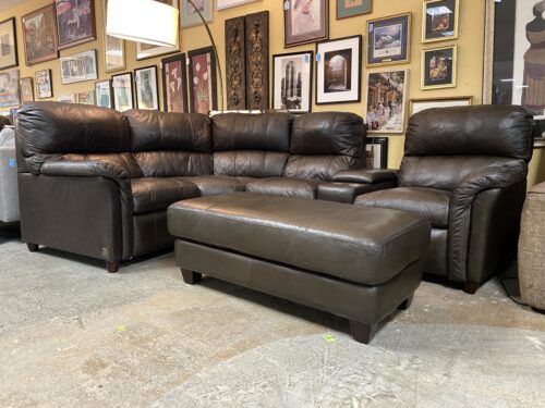 BASSETT Curved Brown Leather 5-Piece Sectional w/ Ottoman