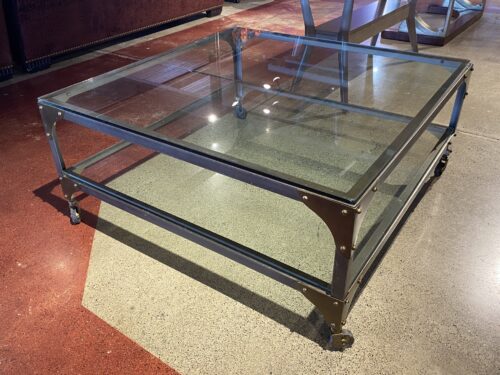 Modern Industrial Glass-Top Coffee Table on Wheels
