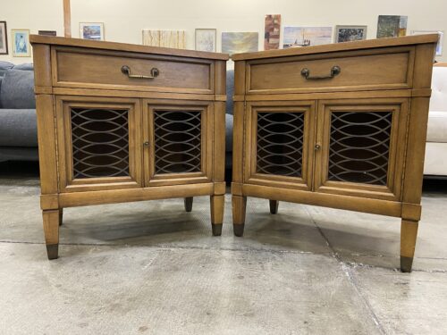 Vintage Walnut Nightstand with Metal Cabinet Doors (Set of 2)