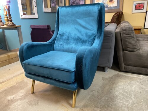 Art Deco Teal Velvet Armchair w/ Gold Legs