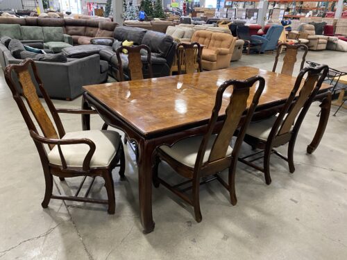 Chinoiserie Walnut Burl Drop Leaf Dining Table with 6 Chairs