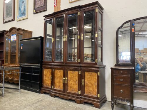 Chinoiserie China Hutch with Etched Glass and Carved Walnut Burl Buffet Front