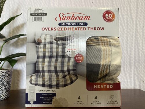 SUNBEAM Oversized Microplush Heated Throw in Grey and Brown Plaid