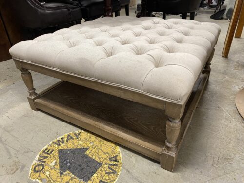 Square Tufted Tan Ottoman w/ 2 Tier Wood Base