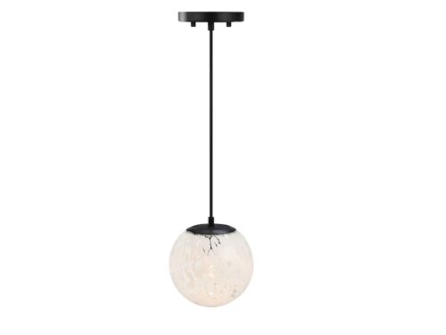 NEW! DESIGNERS FOUNTAIN 1-Light Pendant in Matte Black and 12" White Art Glass