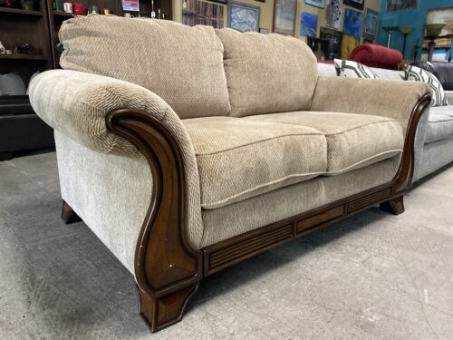 ASHLEY Light Brown Upholstered Loveseat w/ Wooden Base