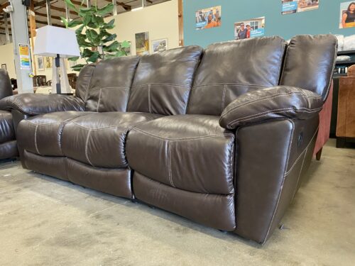 Brown Leather with Contrast Stitch Manual Push Recliner Sofa