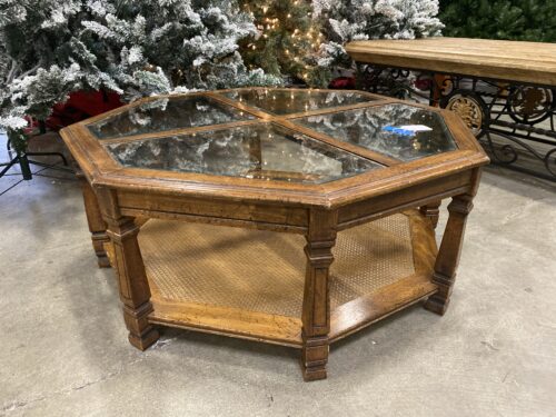 Wooden Octagonal Coffee Table with Glass Insets and Lower Shelf