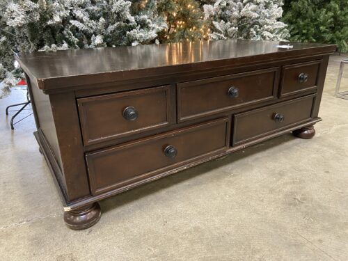 ASHLEY Dark Stain 5 Drawer Engraved Coffee Table