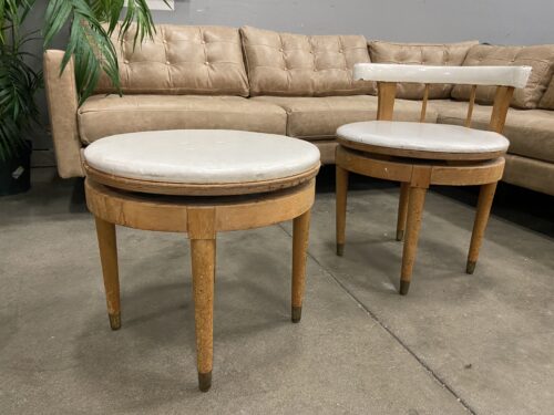 Vintage Mid-Century Modern Swiveling Vanity Leather Chair with Stool