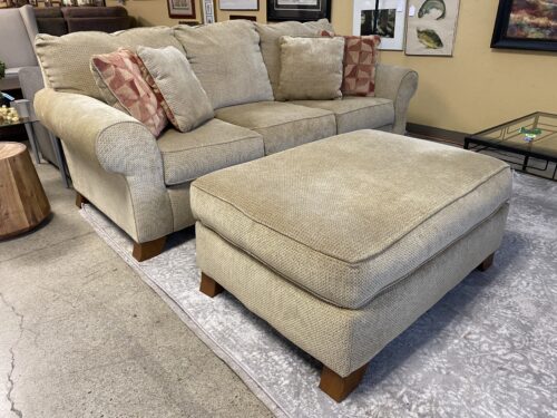 ASHLEY Tan Upholstered 3-Seat Sofa w/ Ottoman
