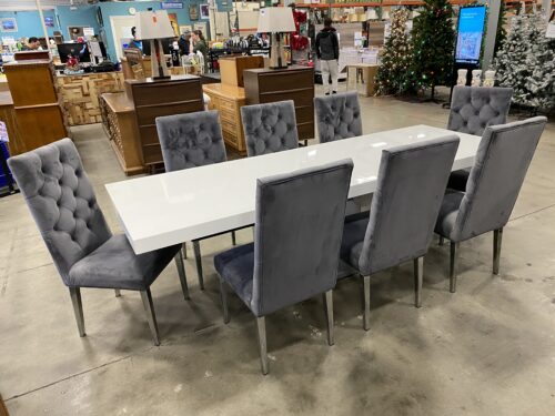 White and Silver Modern Dining Table with 8 Grey and Silver Tufted Velvet Chairs and 2 Extension Leaves