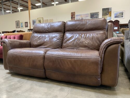 Brown Leather Reclining Sofa with Decorative Contrast Stitching (Power Cord Not Included)