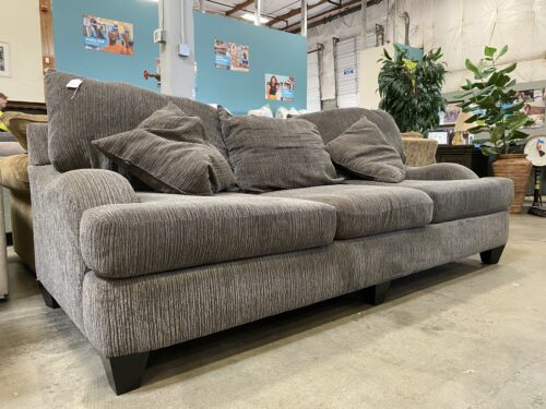 Dark Grey and Brown Striped Sofa with Sloped Arms