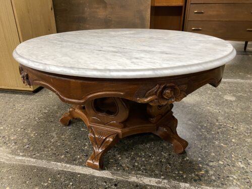Victorian Italian White Marble Topped Round Wooden Coffee Table