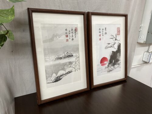 Vintage Chinese Mountain Framed Ink Prints (Set of 2)