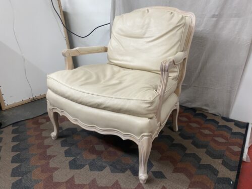 SAM MOORE French Style Cream Armchair w/ Carved Wood Frame