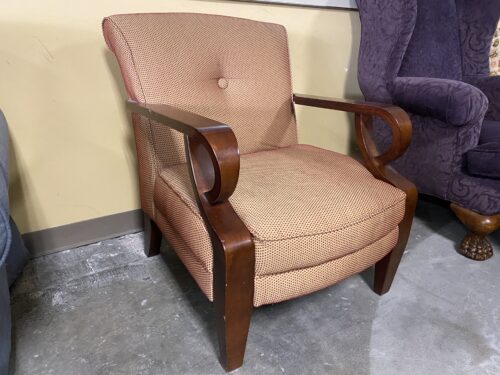 Red & Gold Upholstered Armchair w/ Brown Wood Frame
