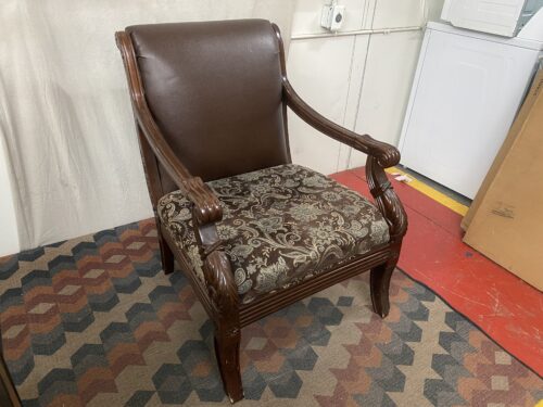 Chocolate Carved Wood Framed Armchair W/ Floral Pattern Seat