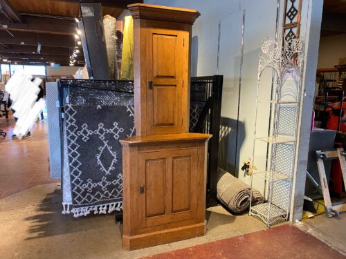 Towering Warm Blonde Corner Cabinet, No Keys