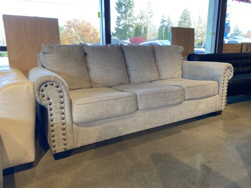 ASHLEY Light Grey Three Seater Couch with Rolled Arms and Nailhead Details