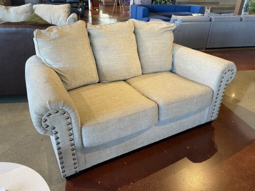 ASHLEY Light Grey Loveseat with Rolled Arms and Nailhead Details