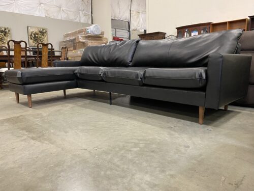 Black Leather L-Shaped Sectional with Wooden Legs
