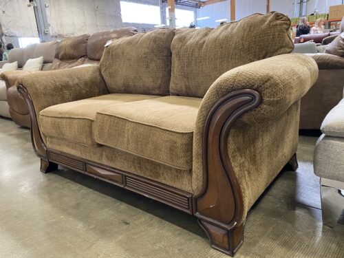 ASHLEY Montgomery Collection Brown Plush Loveseat with Carved Wooden Base