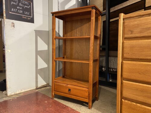 Open Shelf Bookcase with Bottom Drawer and Wrought Iron Details