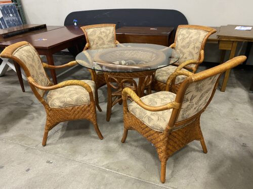 RATTAN TRADING CO. Rattan Outdoor Dining Set with Glass Top Table and Palm Print Upholstered Chairs  (Set of 4)