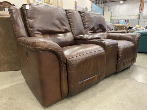 Chocolate Brown Leather Power Recliner Loveseat with Console