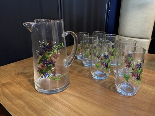 "Wild Violets" Pitcher and Seven Glasses by J Walsh