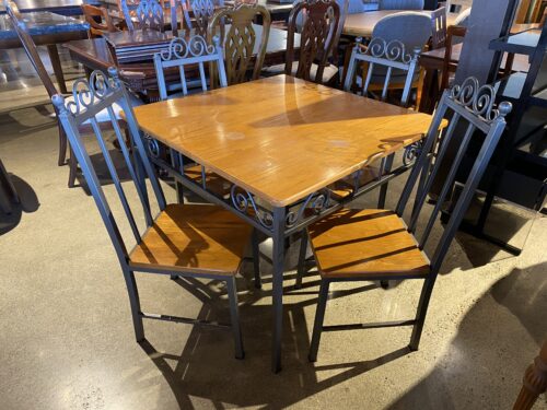 Wrought Iron and Wood Square Dining Table with Four Chairs