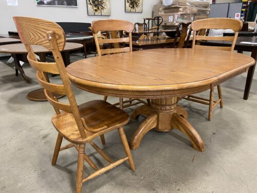 Red Oak Dining Table with Leaf Extension and High Back Chairs  (Set of 3)