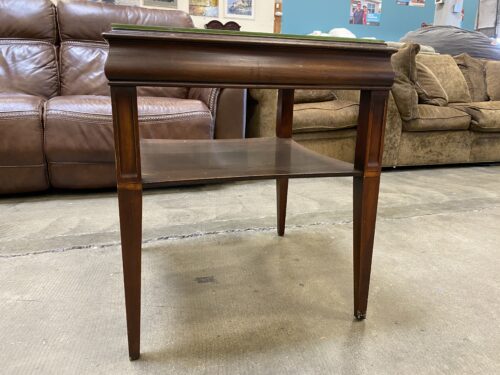 Dark Wood 2 Tier Accent Table with Gold Filigree Border and Glass Top