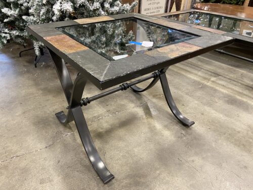 Industrial Style End Table with Glass Top and Mosaic Stone Border
