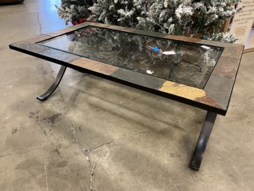 Industrial Style Coffee Table with Glass Top and Mosaic Stone Border