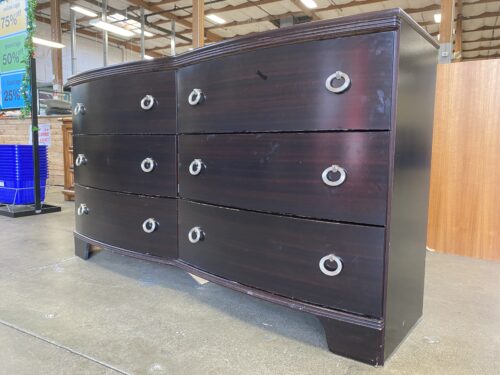 Merlot Stained 6 Drawer Lowboy Dresser with Silver Loop Handles