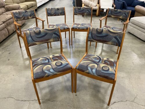 SCANDINAVIA WOODWORKS CO. Vintage Mid-Century Modern Teak Dining Chairs with Blue and Brown Fabric (Set of 6)