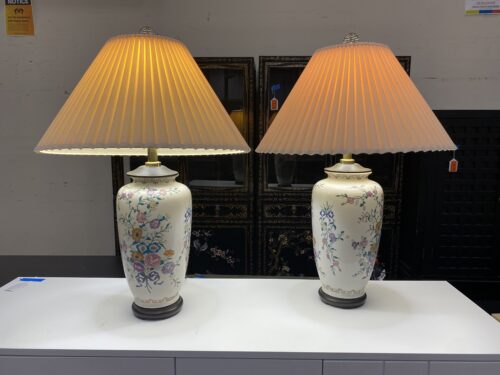 Ceramic Chinoiserie Lamp with Sweet Pea Design and Pleated Beige Shade (Set of 2)