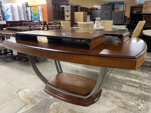 Brown Dining Table w/ Curved Metal Base & 2 Leaves