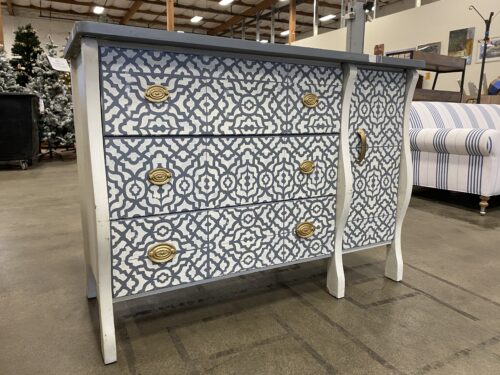 Hand Painted 3 Drawer Dresser with Gold Colored Handles and Side Cabinet