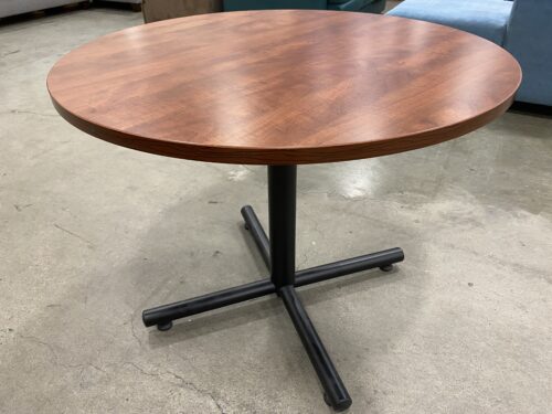 Cherry Colored Round Dining Table with Black Pedestal Base